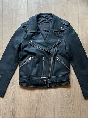 AllSaints Balfern Biker Jacket Women’s US 0 Navy Blue Leather Lambskin